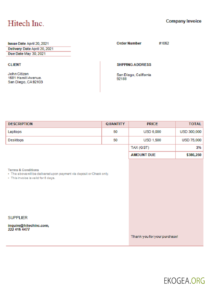 Facture USA Hitech Inc.